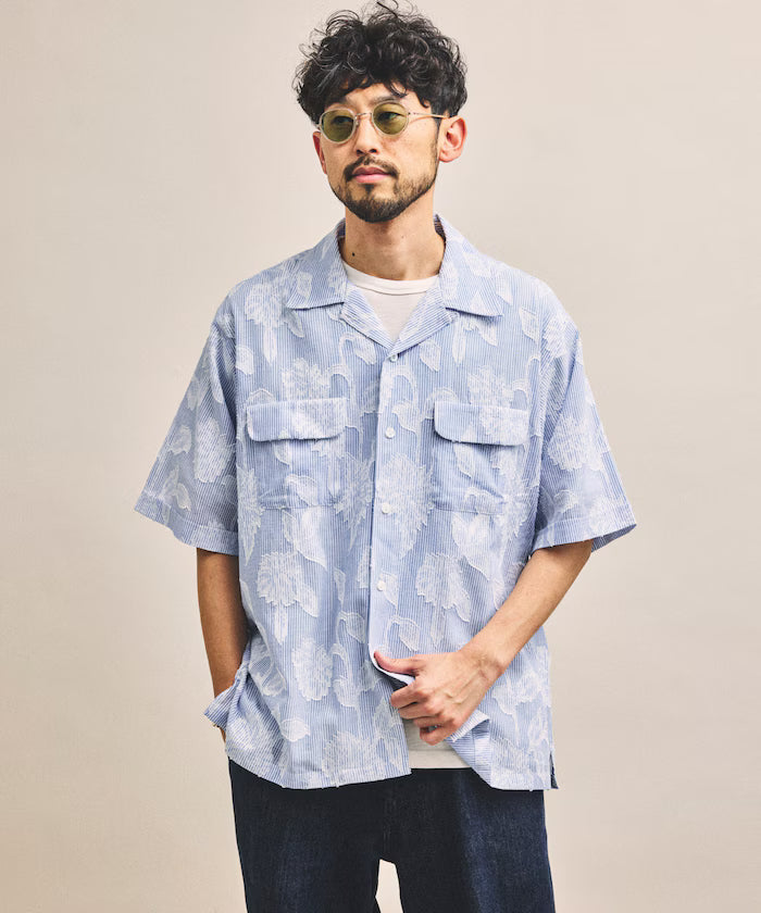 India-made Relaxed Fit Cut Jacquard Stripe Open Collar Short Sleeve Shirt