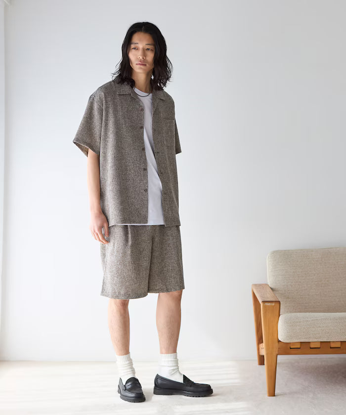 Summer Tweed Short Sleeve Open Collar Shirt / Suitable for Setup