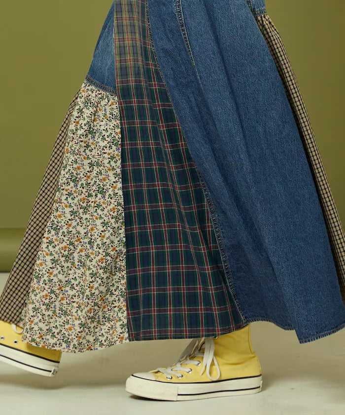 Side Front Denim Color Block Flared Skirt