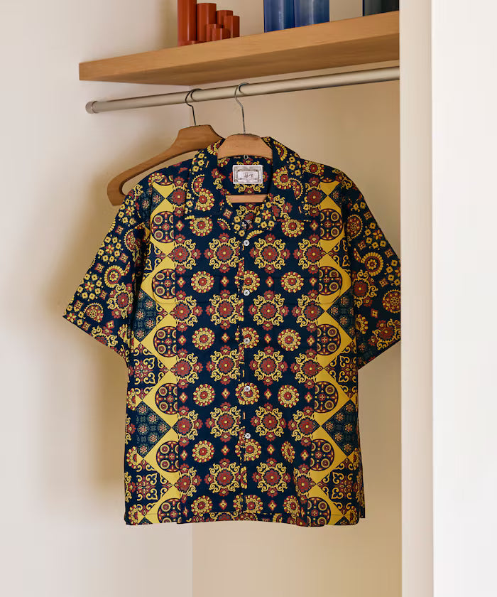 [New color added] Indian-made Relaxed Fit Batik Pattern Print Open Collar Shirt Short Sleeve Small Pattern
