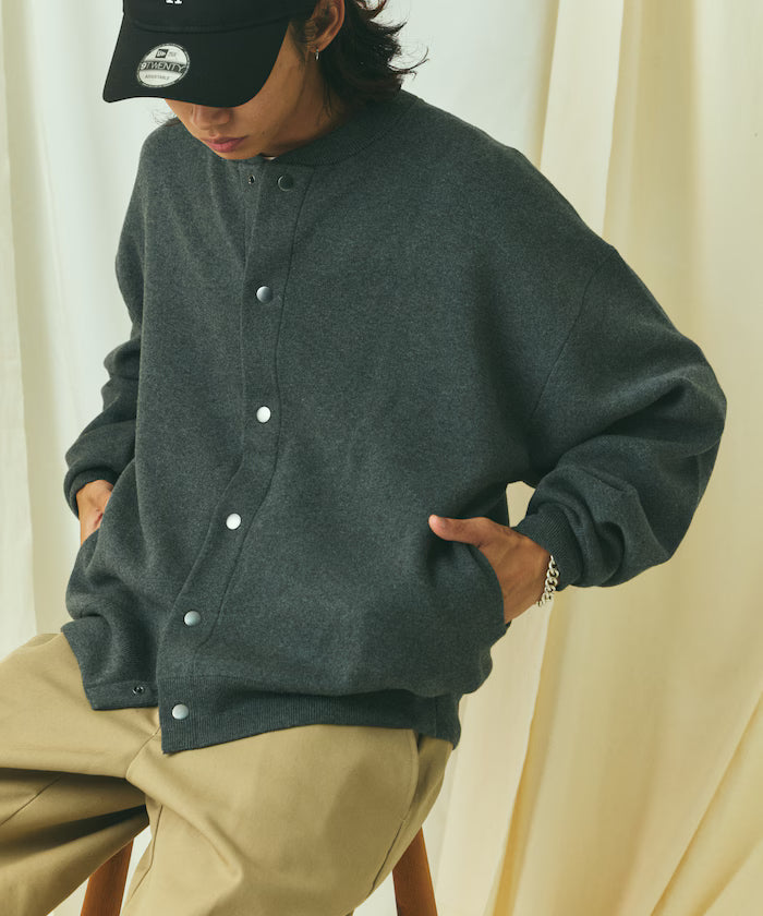 Relax Fit Relax Fit Sweat-like Knit Crew Neck Snap Cardigan [Limited Edition] - Charcoal Gray