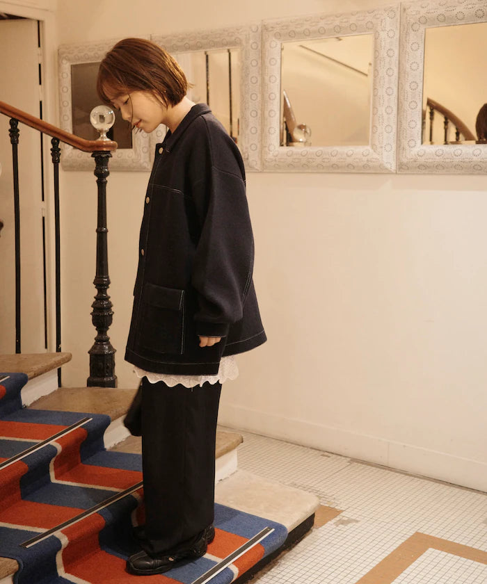 Oversized Wool Blend Knit Coverall / Color Stitch Knit Jacket