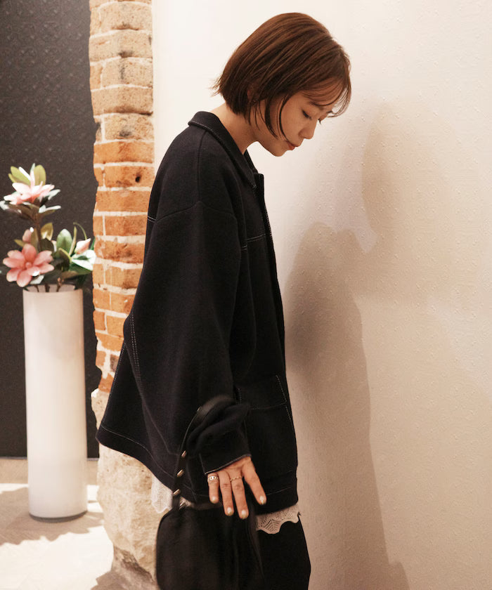 Oversized Wool Blend Knit Coverall / Color Stitch Knit Jacket