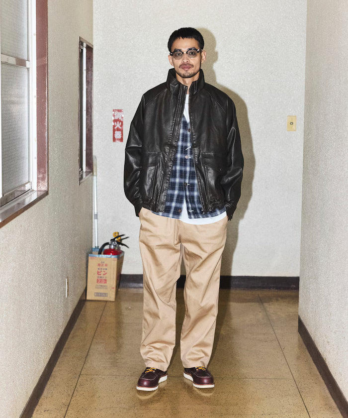 Washed processed leather red stand collar zip-up short blouson