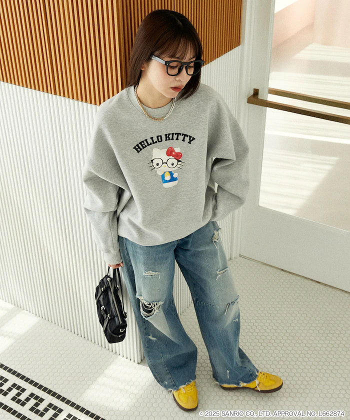"HELLO KITTY/Hello Kitty" glasses college-style sweatshirt limited edition