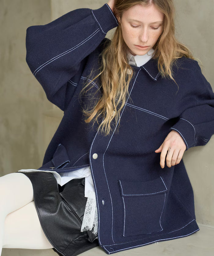 Oversized Wool Blend Knit Coverall / Color Stitch Knit Jacket