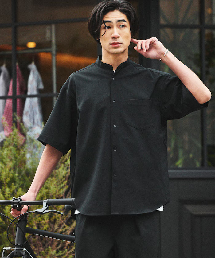 [New Color Added] Quick-Dry Material Relaxed Fit Band Collar Shirt Short Sleeve Linen Feel