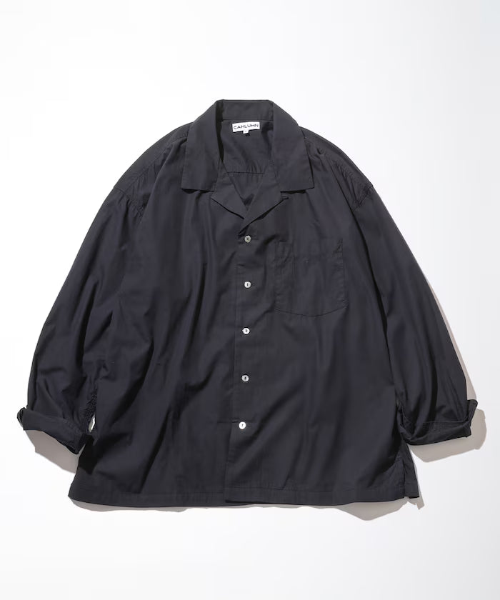 Magazine Pocket Broadcloth Open Collar Shirt - Black