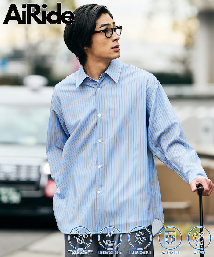 AiRide/Air Ride Relax Fit Regular Collar L/S Shirt/Pocketable/Quick Dry/UV Cut 【Limited Edition】 - Sax Stripe