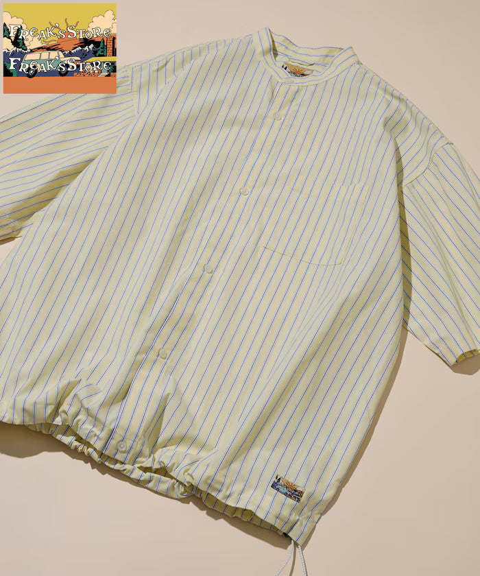 Typewriter Spindle Band Collar Stripe Short Sleeve Shirt