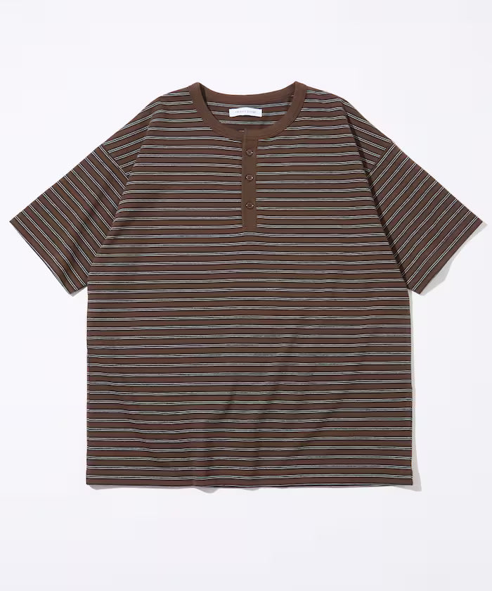 Multi-border Henley Neck Short Sleeve T-shirt