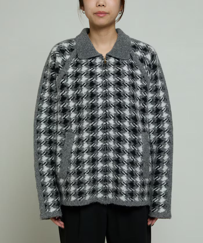 Wool Blend Gancube Check Knit Zip Blouson