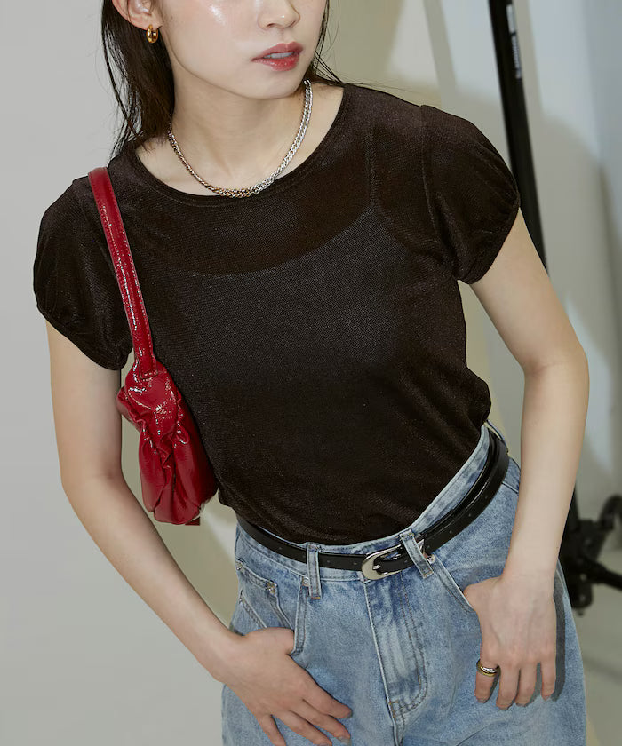 Puff Sleeve Sheer Flocked T-Shirt Limited Edition - Brown