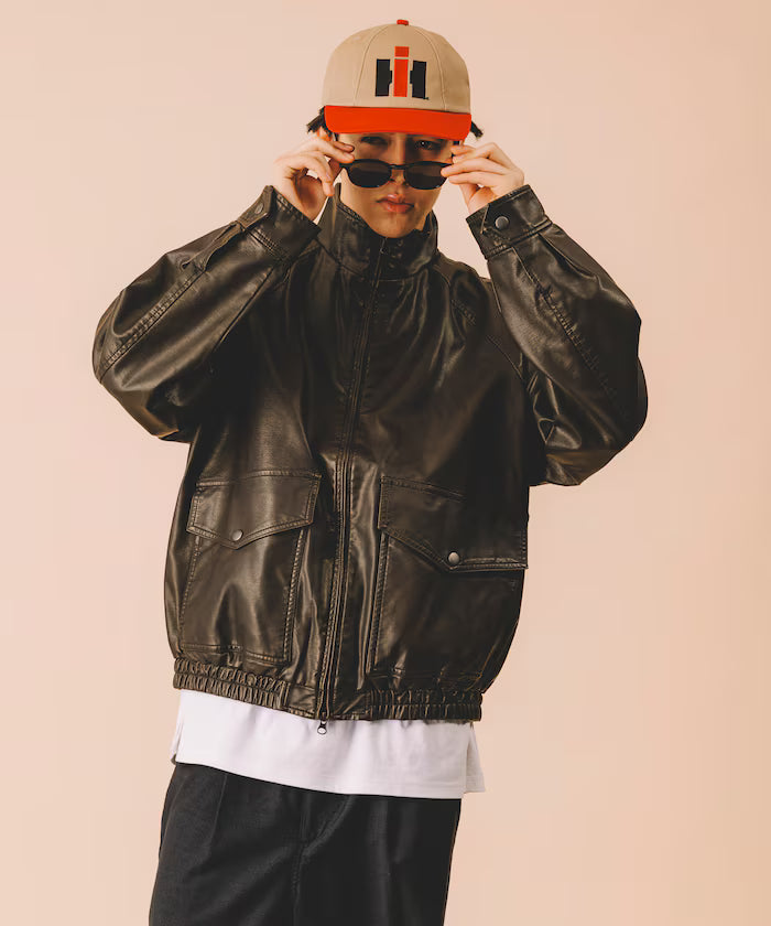 Washed processed leather red stand collar zip-up short blouson
