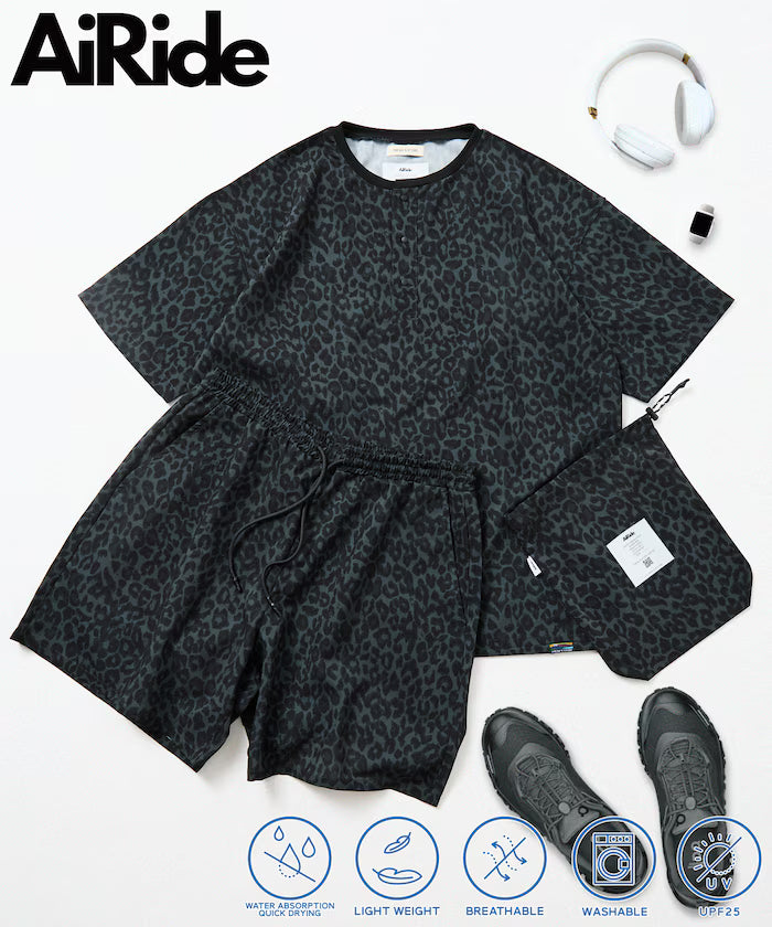 AiRide/Packable Setup/Henley Neck Pullover/Shorts/Packable/Quick-Drying/UVA Cut 【Limited Edition】 - Gray Leopard