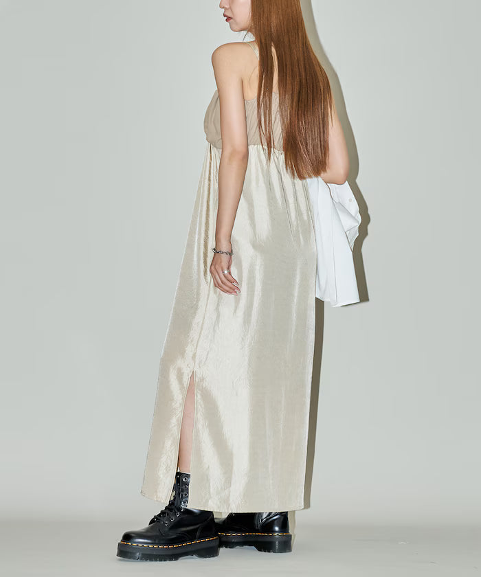 Mixed Material Shirring Satin Dress Limited Release