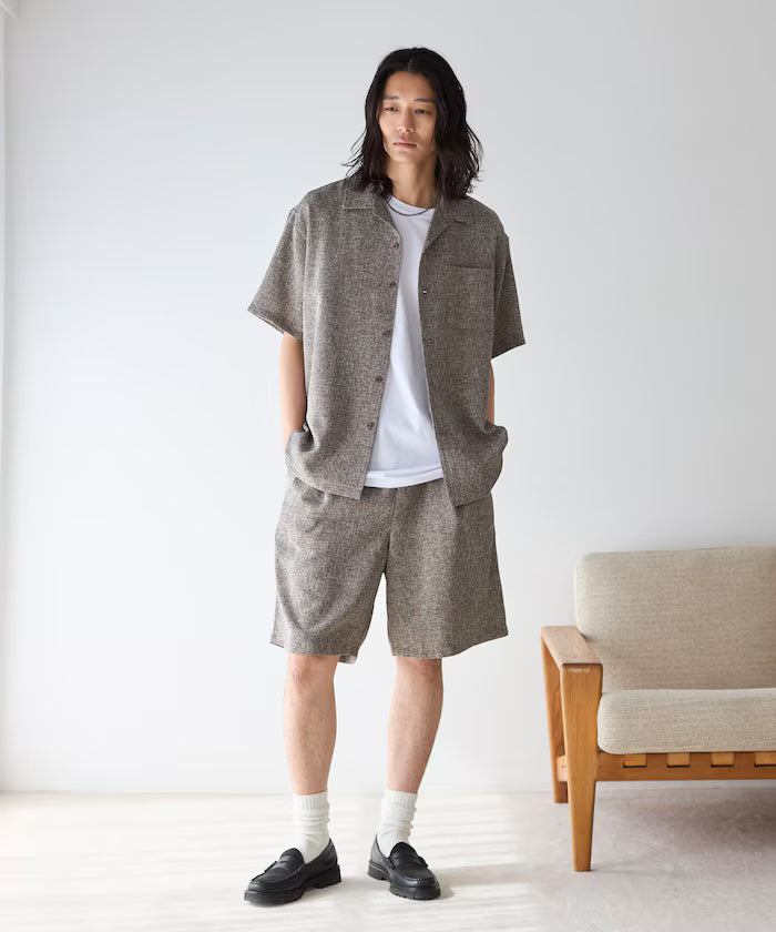 Summer Tweed Short Sleeve Open Collar Shirt / Suitable for Setup