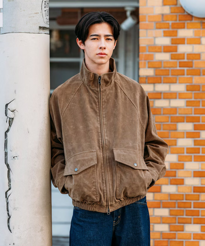 Washed processed leather red stand collar zip-up short blouson