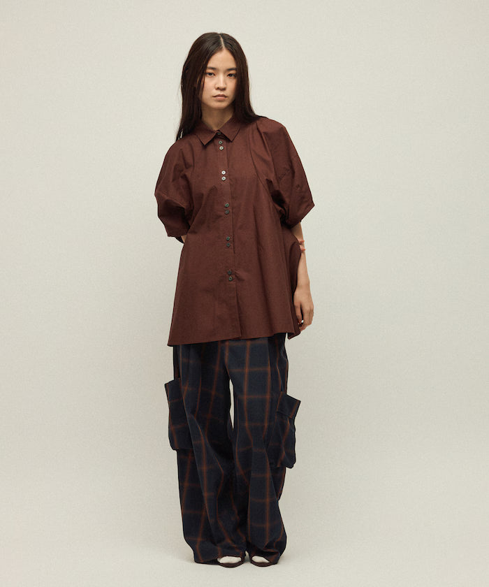 Switching Design Balloon Sleeve Shirt / 5-Minute Sleeve Blouse