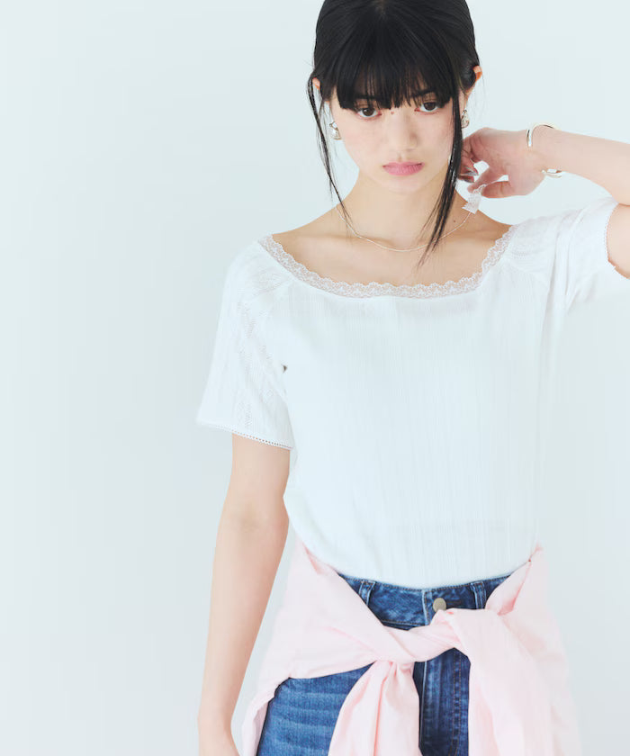 Boat Neck Pullover Knit Lace T-Shirt