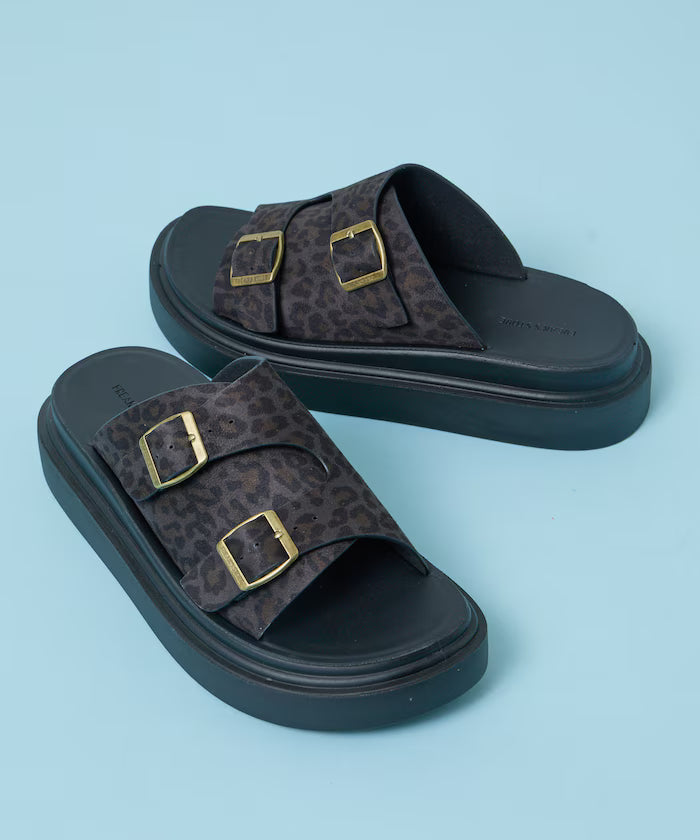 Double Monk Strap Leather Slide Sandals / Platform Sole [23~28cm] 【Limited Edition】 - Gray Leopard