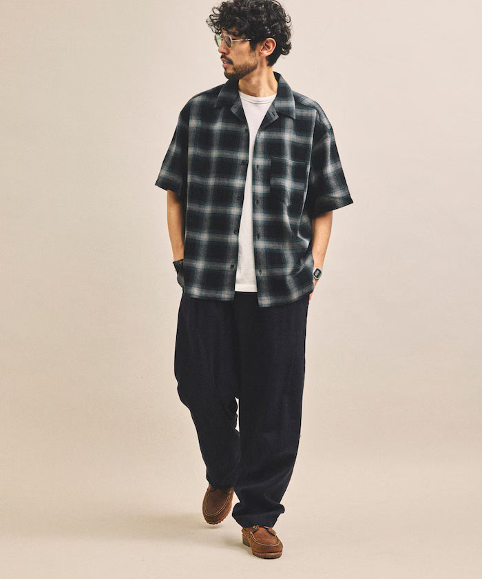 Dyed Ombre Check Open Collar Short Sleeve Sheer Shirt Relaxed Fit