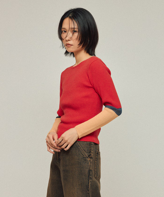 Functional material silk blend color block knit pullover / anti-pill / machine washable
