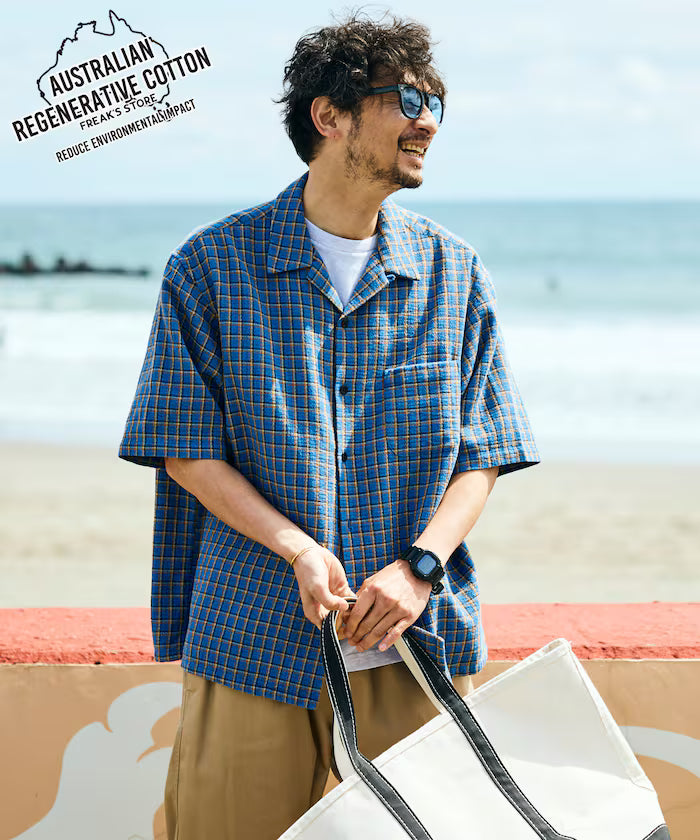 AUSTRALIAN COTTON Open Collar Check Shirt Short Sleeve - Sax Blue