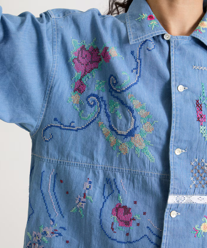 Open Collar Embroidered Shirt Jacket