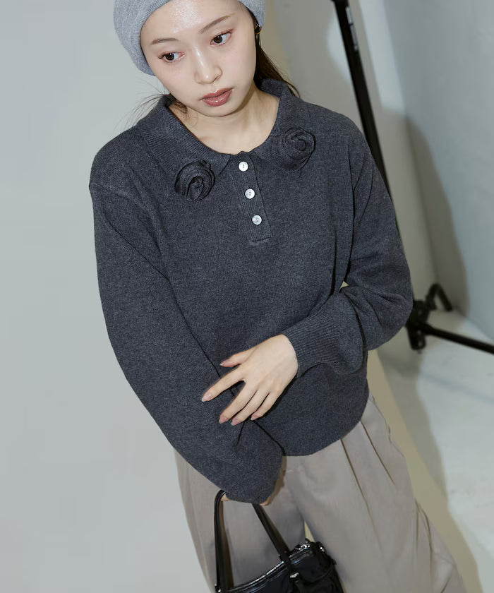 Polo knit pullover with flower motif - limited edition
