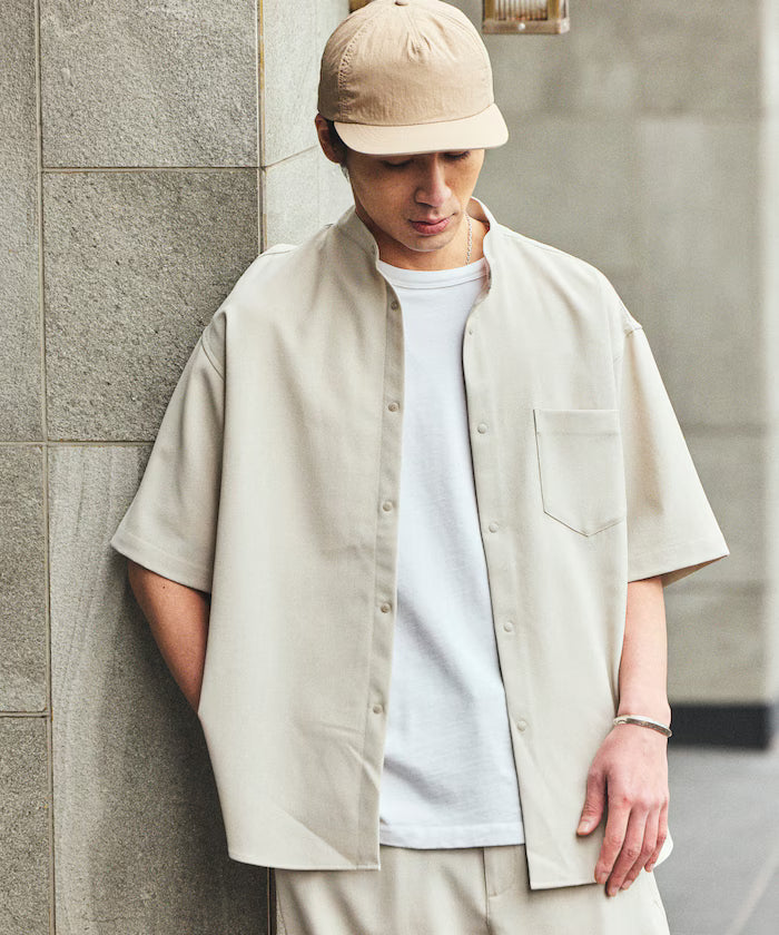 [New Color Added] Quick-Dry Material Relaxed Fit Band Collar Shirt Short Sleeve Linen Feel