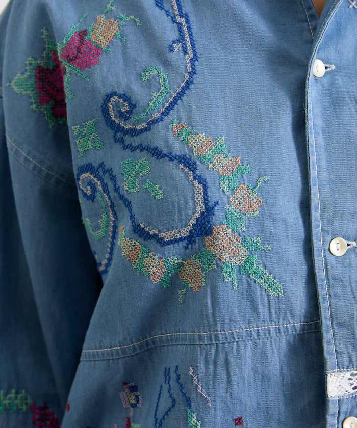 Open Collar Embroidered Shirt Jacket