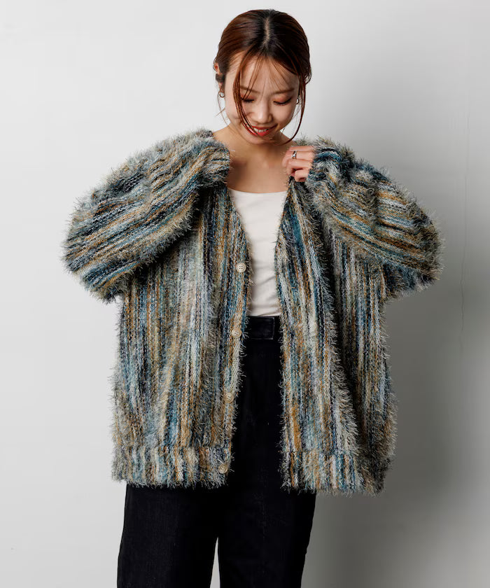 Relaxed Fit Shaggy Knit Multi-Stripe Cardigan
