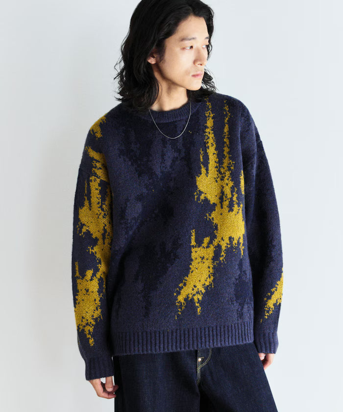 All-over Pattern Double Jacquard Knit Crew Neck Pullover / Relaxed Fit