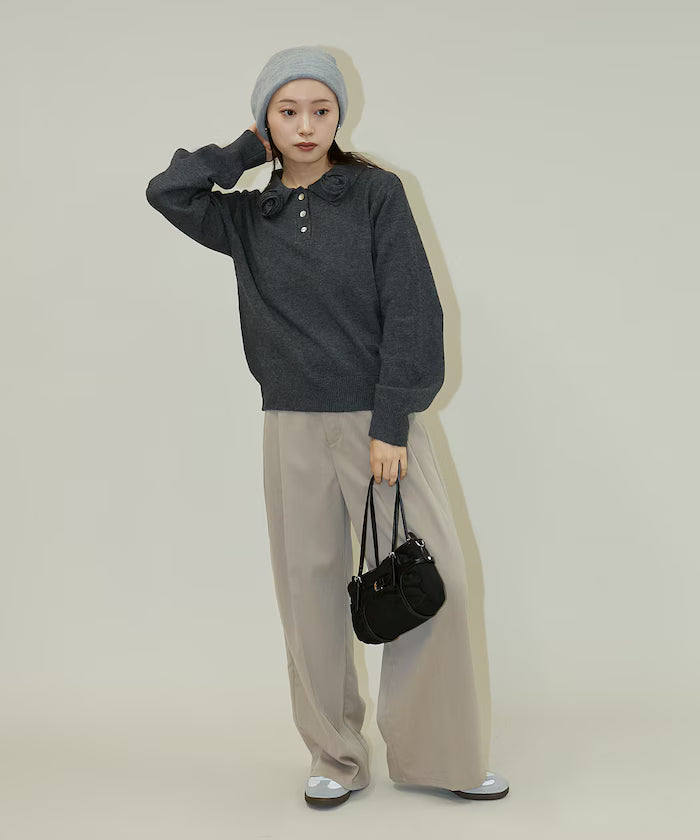 Polo knit pullover with flower motif - limited edition