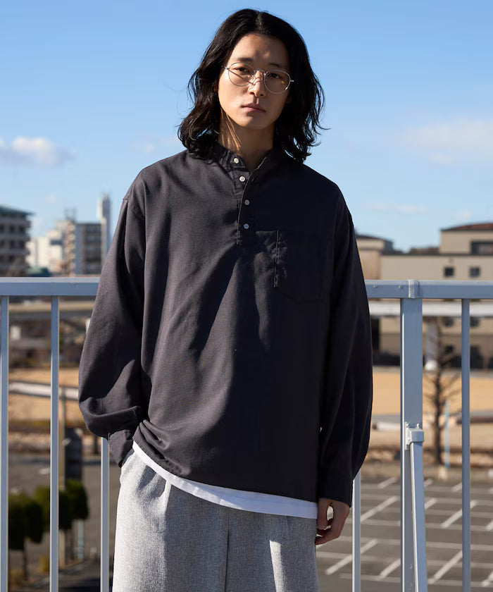 Relax Fit Linen Mix Band Collar Pullover Shirt [Limited Edition]