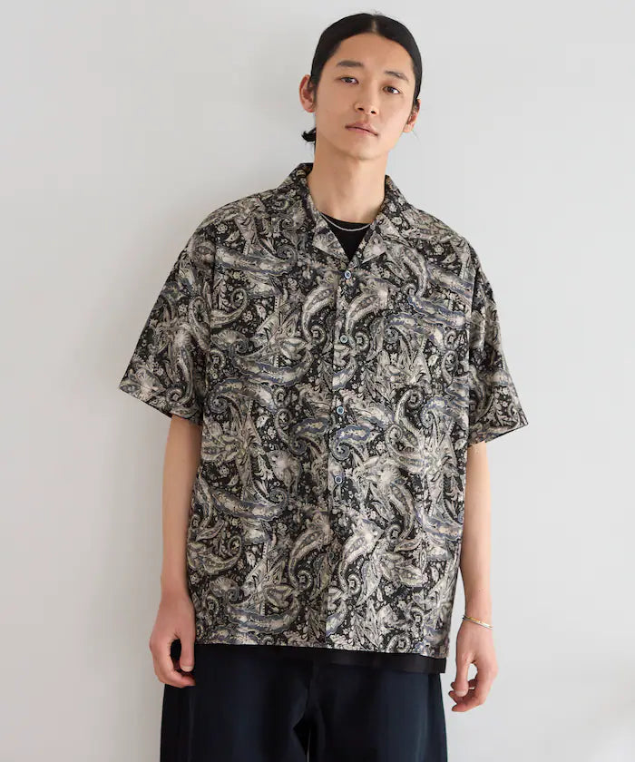 Open collar pattern short sleeve shirt / all-over design open collar shirt / compatible with set-up
