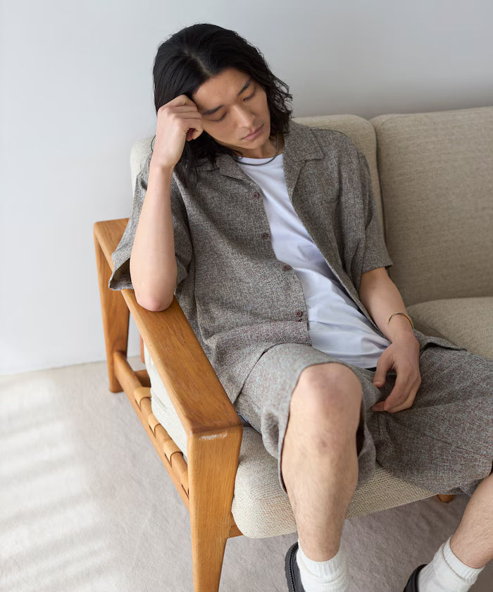 Summer Tweed Short Sleeve Open Collar Shirt / Suitable for Setup
