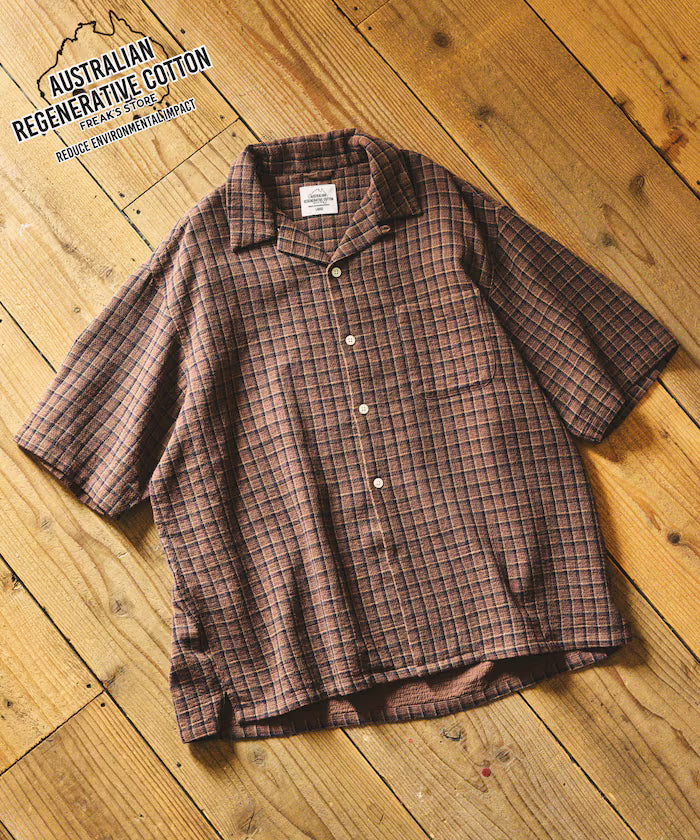 AUSTRALIAN COTTON Open Collar Check Shirt Short Sleeve - Beige