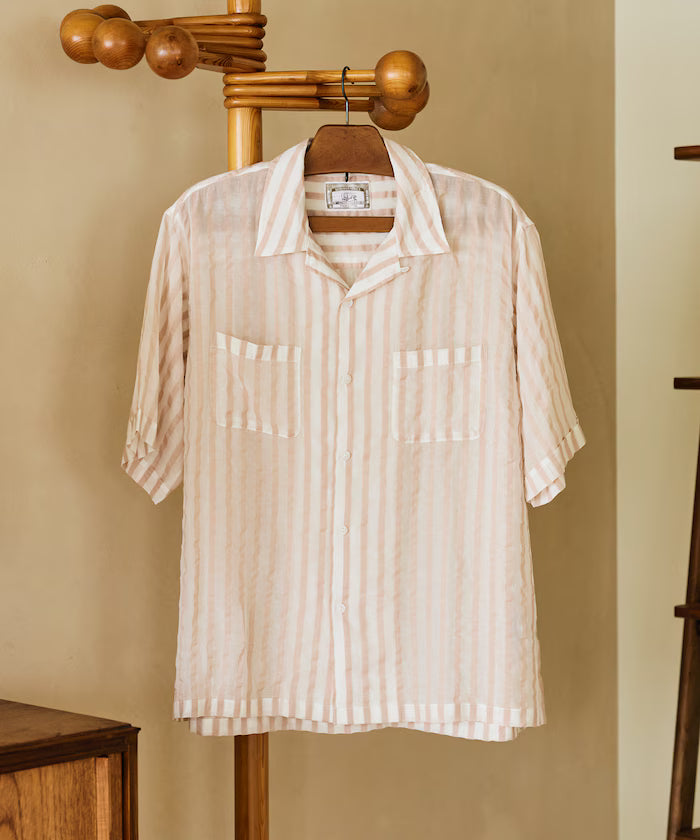 Indian-made Relaxed Fit Wide Stripe Sheer Sucker Open Collar Short Sleeve Shirt