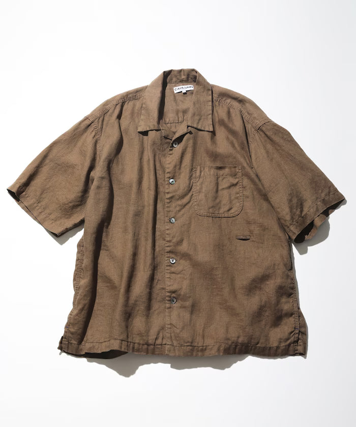 Linen Open Collar Shirt - Olive