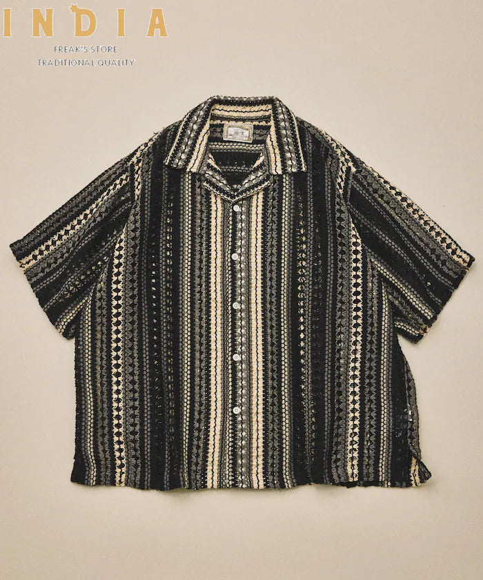 New color added: Indian-made relaxed fit all-over lace multi-stripe open collar short sleeve shirt