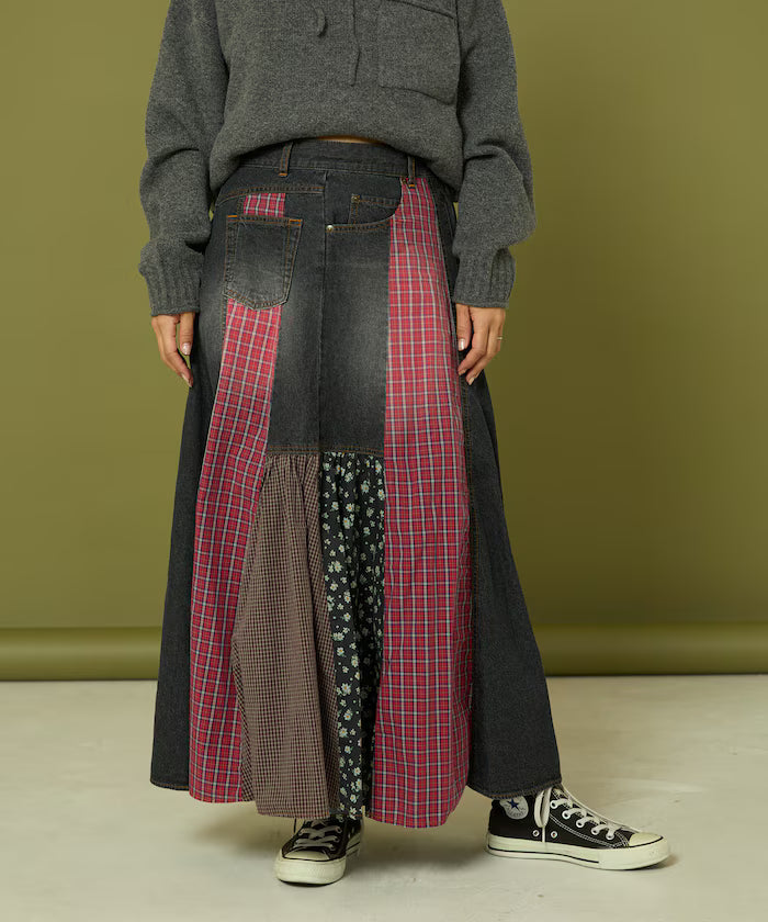 Side Front Denim Color Block Flared Skirt