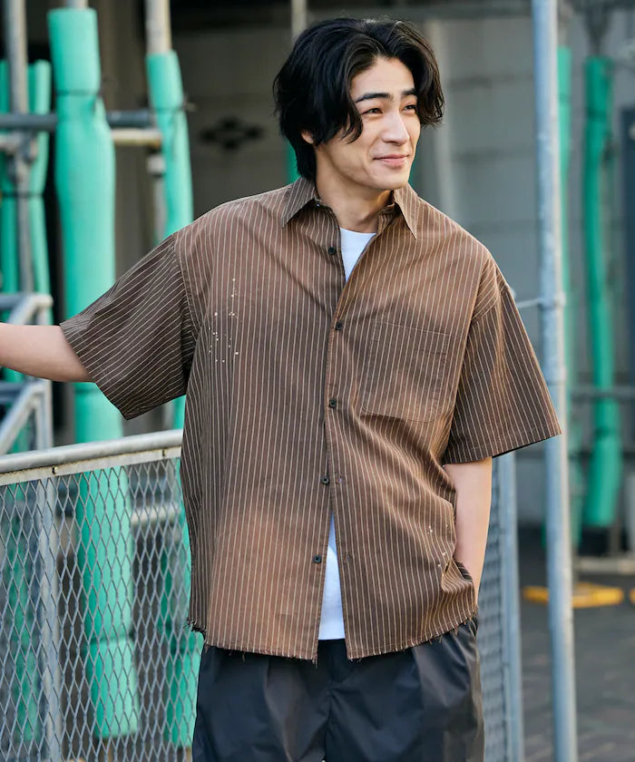 Big Silhouette Damage Processing Regular Color S/S Shirt/Check/Stripe/Fade Processing [Limited Edition] - Brown Stripe