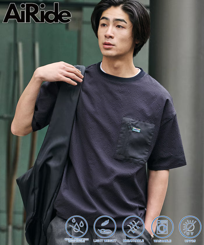 Limited release AiRide Air Ride Relax Fit Mult-material Pocket Seersucker Pullover Top Quick-drying UV Protection - Charcoal Gray