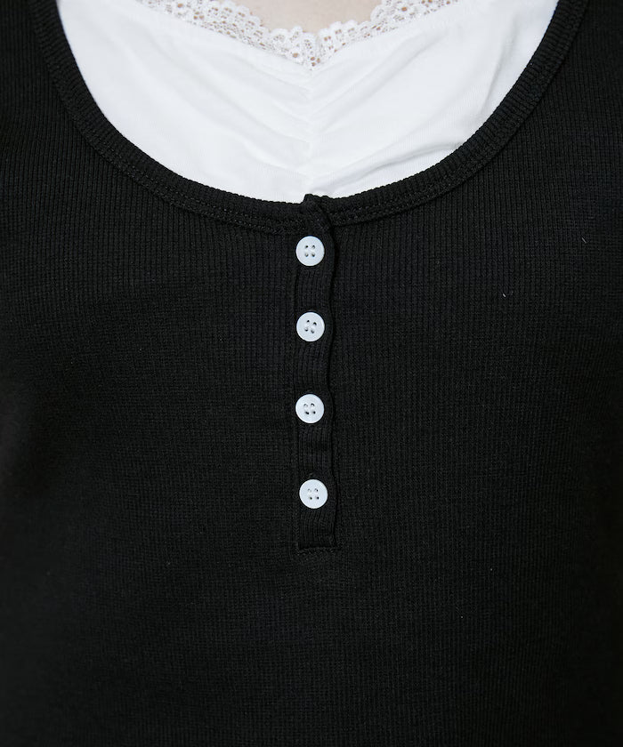Short Sleeve Lace Layered Style Henley Neck T-Shirt Limited Edition