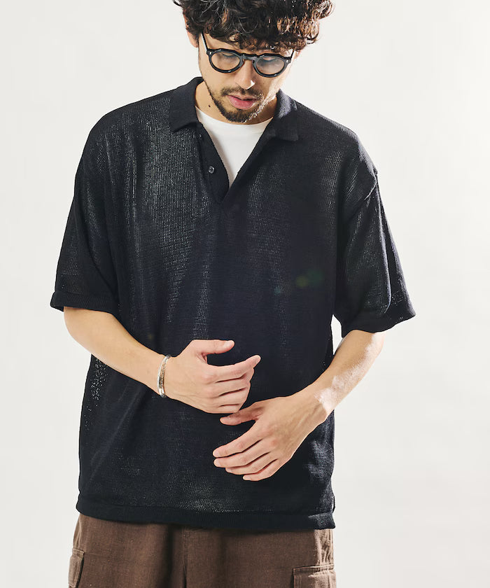 Sheer Knit Polo Shirt & Cotton T-Shirt Layered Set