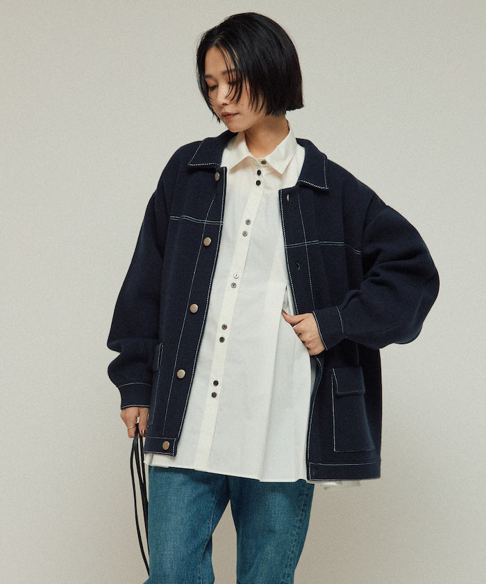 Oversized Wool Blend Knit Coverall / Color Stitch Knit Jacket