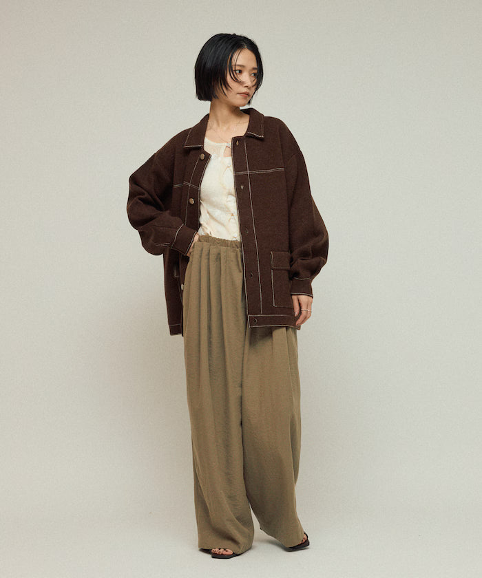 Oversized Wool Blend Knit Coverall / Color Stitch Knit Jacket