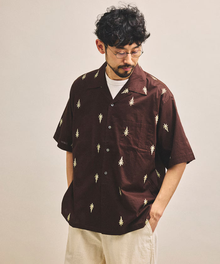 India-made all-over pattern embroidered relax-fit open collar short sleeve shirt